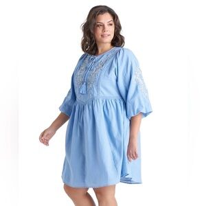 Black Tape Embroidered Cotton Peasant Dress